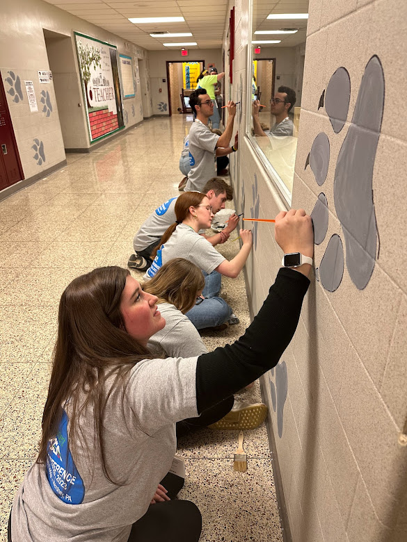 Students painting a wall mural