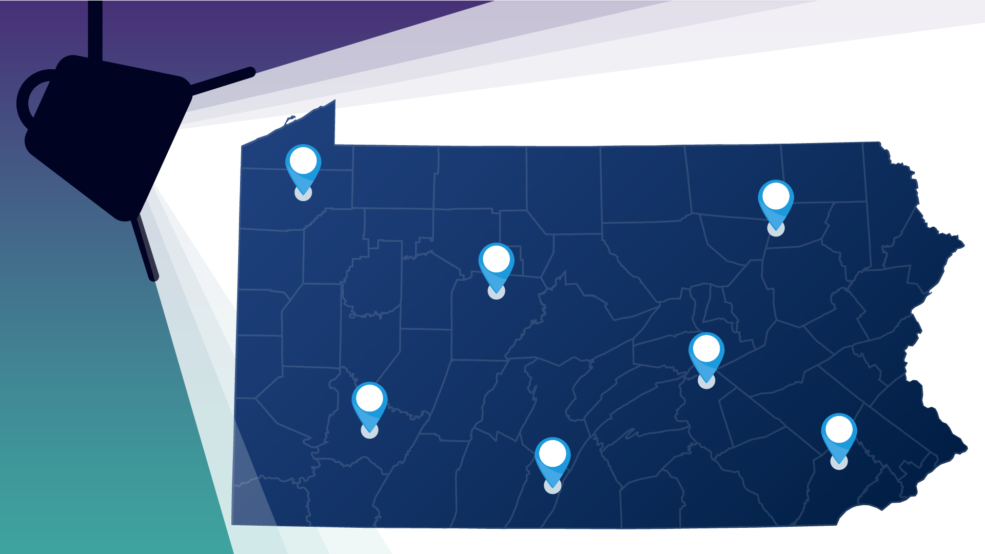 A graphic depicting a spotlight shining on a map of Pennsylvania